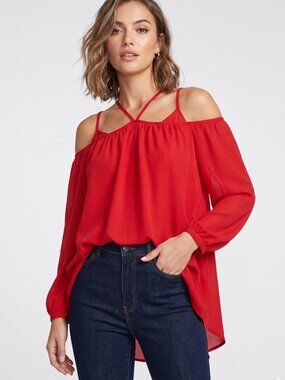 NWT | Vemvan Red Cold-Shoulder Criss-Cross Blouse | Long Balloon Sleeve | XL